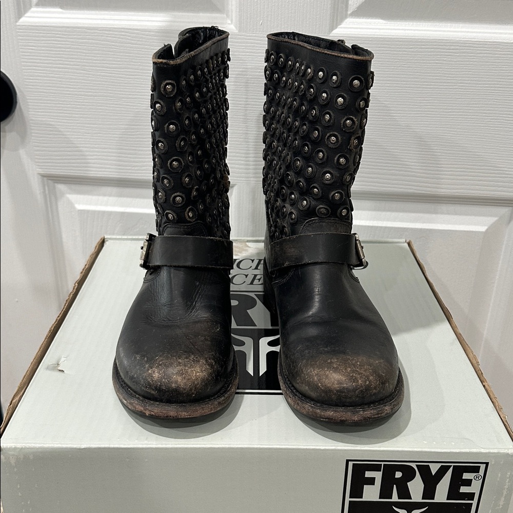 Frye Black Leather Boots with Stud Accents